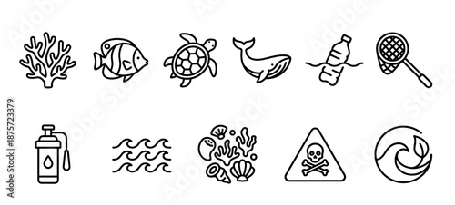 Twelve minimalist black line art icons representing ocean conservation and pollution with symbols for marine life, plastic waste, ecological warnings, and reusable products