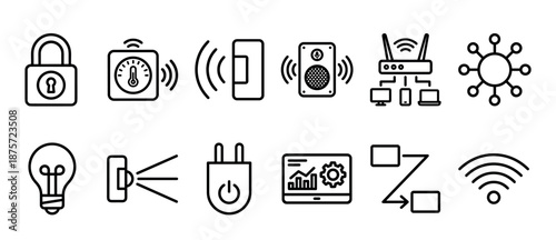 Collection of black line art icons for smart home automation and the internet of things, featuring symbols for security, lighting, connectivity, and device control