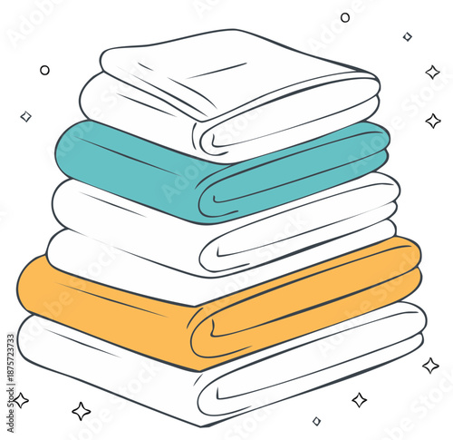 Pile of folded towels, various colors, with outline and sparkle details