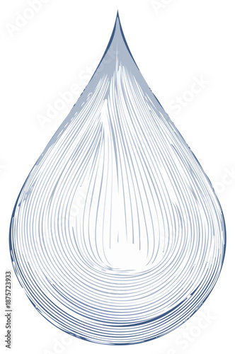Stylized illustration of a single blue water droplet with fine line details