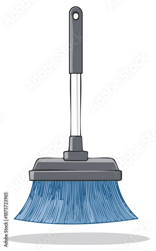 Blue bristle broom with grey handle for cleaning purposes cartoon style illustration, housework tool for domestic work