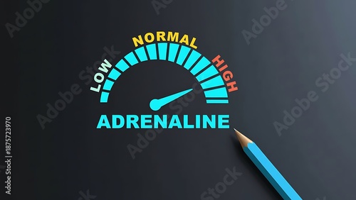 Adrenaline meter showing normal levels with a pointer and descriptive text on a dark background, next to a blue pencil, concept for energy and vitality.