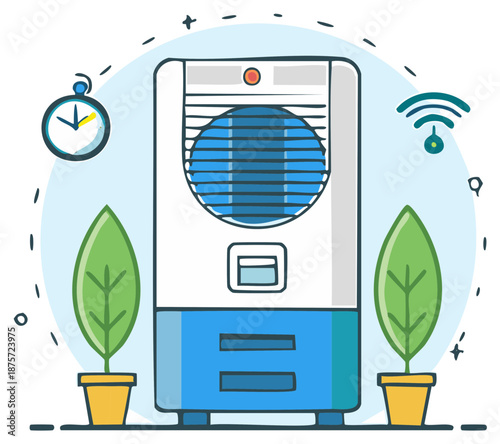 Modern Air Cooler with Smart Features and Eco Friendly Plants Illustration
