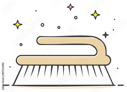 Illustration of Scrubbing Brush with Handle, Cleaning Surfaces, Cleanliness with Stars