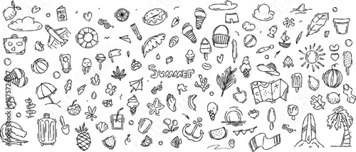 Hand Drawn Summer Doodle Elements Set with Travel, Beach and Vacation Icons