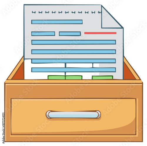 Cartoon illustration of an open file cabinet drawer with organized documents and folders