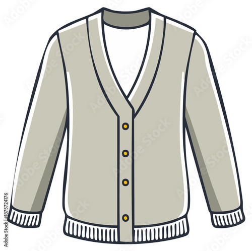 Illustration of a gray cardigan sweater with button closures and long sleeves