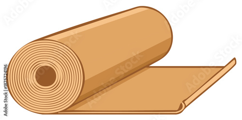 A large industrial roll of brown material such as paper, linoleum, or carpet underlayment unrolling