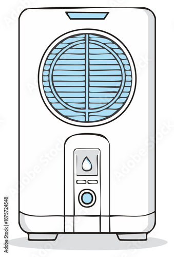 Vector illustration of a white air cooler with blue water mist and control panel