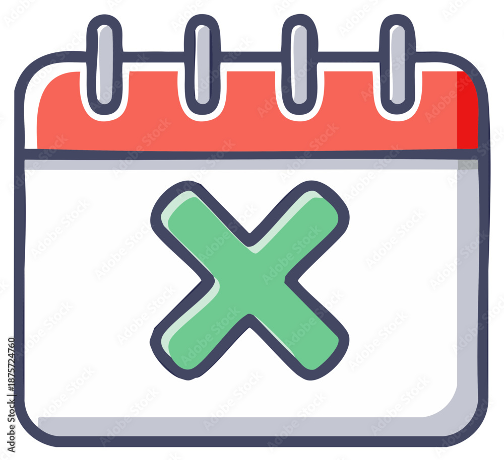 Fototapeta premium Cartoon calendar icon with a green X mark representing a canceled event or incorrect date