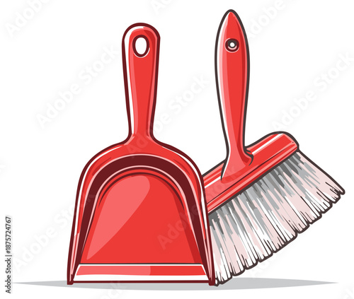 Red Dustpan and Brush Household Cleaning Supplies Cartoon Style Illustration