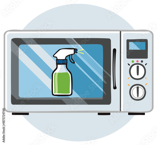 Cartoon illustration of cleaning spray inside microwave, appliance sanitizing concept for hygiene and maintenance