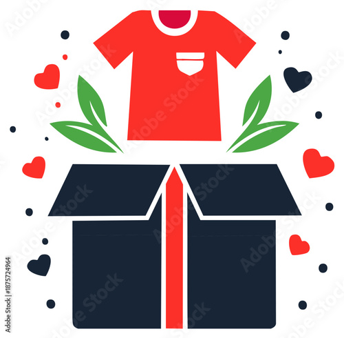 Donation box with clothes and hearts. Charitable giving, helping and love vector illustration