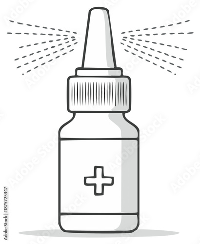 Illustration of a bottle of nasal spray with medical cross and liquid misting for decongestion