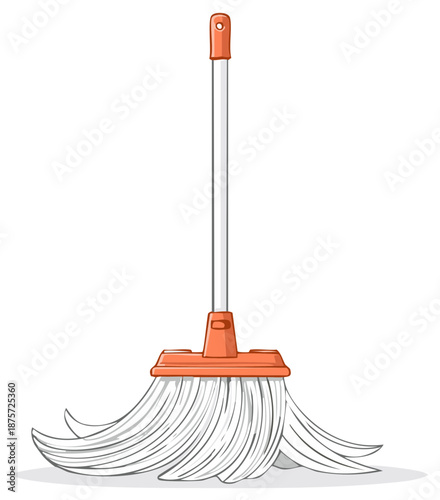 Illustration of a mop with orange plastic parts used for cleaning floors and other surfaces at home