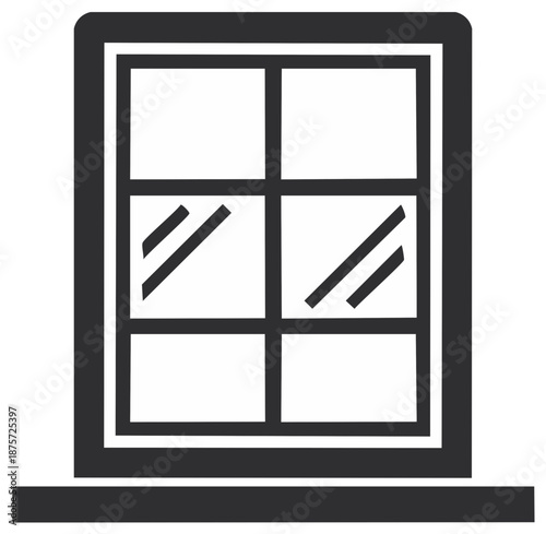 House Window Frame Icon with Glass Panes and Sill Reflection Symbol