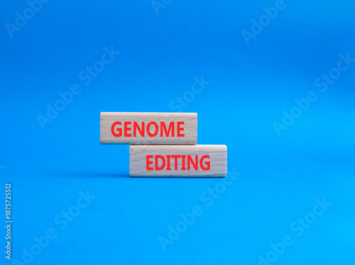 Genome Editing symbol. Wooden blocks with words Genome Editing. Beautiful blue background. Genetics and Genome Editing concept. Copy space.
