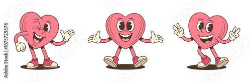 Set of retro heart character mascots. A groovy cartoon character winking, welcoming, and showing a peace sign. Playful vector illustration for a lovely and positive theme