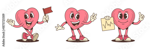 Set of retro heart character mascots. A groovy cartoon character with a flag, peace sign, and cardiogram. Playful vector illustration for a lovely and positive health or valentine theme