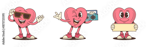 Set of retro heart character mascots. A groovy cartoon character in sunglasses, with a boombox, and holding a banner. Playful vector illustration for a lovely, positive, and music theme