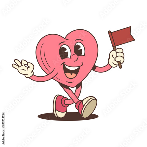 Walking cartoon character in trendy retro style. Pink heart mascot holds a red flag, shows an OK gesture. Great vector illustration for success or victory themes. Cheerful and positive mascot