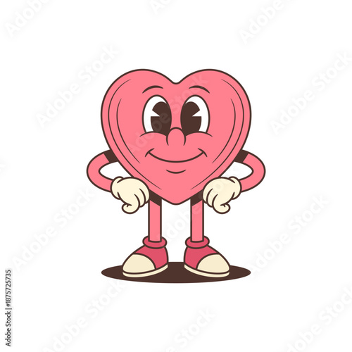 Confident cartoon character in trendy retro style. A friendly pink heart mascot stands with hands on hips. Perfect vector illustration for themes of confidence, self-love, and joy. Cheerful mascot