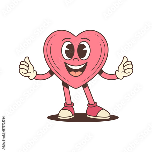 Cheerful cartoon character in trendy retro style. A smiling pink heart mascot shows a double thumbs-up gesture. Perfect vector illustration for expressing approval or positive feedback. Happy mascot