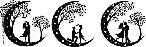 Three black silhouettes of romantic couples under heart-filled crescent moon trees white