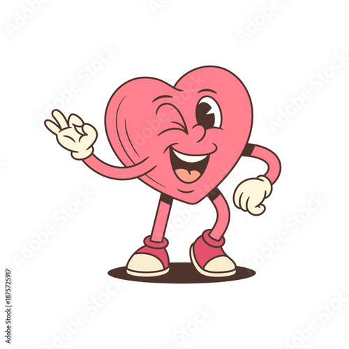 Retro cartoon heart character mascot winks and shows an OK sign. A groovy vector illustration for a positive theme. Funny vintage comic style art for a playful and happy vibe