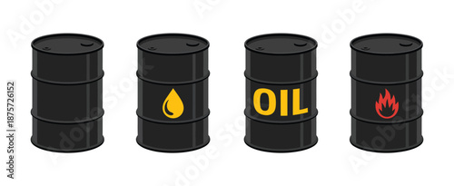 Oil Barrels with Industrial Hazard Symbols, Crude Petroleum Fuel Storage, Energy and Chemical Safety Concept, Flat Vector Illustration.