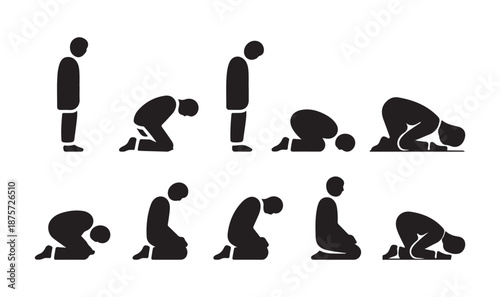 Islamic Prayer Silhouette Sequence set, Muslim prayer, islamic namaz, Postures. vector illustration eps 10