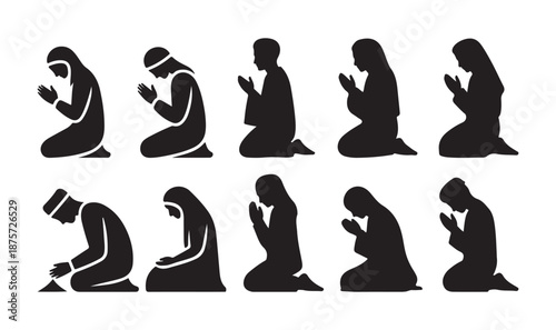 Islamic Prayer Silhouette Sequence set, Muslim prayer, islamic namaz, Postures. vector illustration eps 10