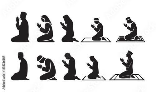 Islamic Prayer Silhouette Sequence set, Muslim prayer, islamic namaz, Postures. vector illustration eps 10