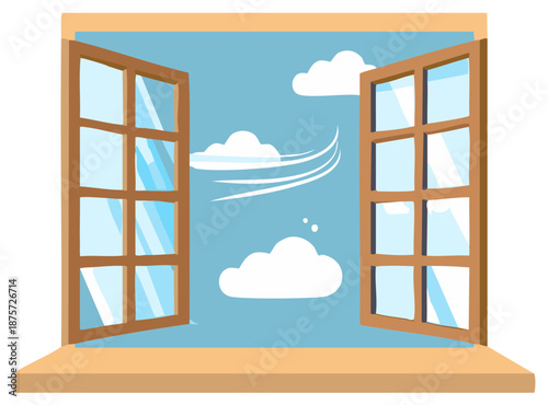 Open window illustration revealing blue sky, white clouds, and breeze for fresh air and a bright day