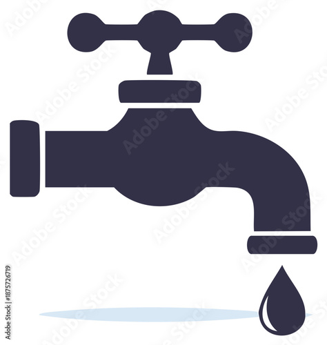 Leaking Faucet Illustration Water Conservation Theme Dark Blue Silhouette of Plumbing Fixture with Dripping Water Drop Graphic