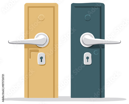 Modern vector illustration of two colorful doors with sleek metallic lever handles and prominent keyholes.
