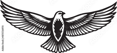 Vector illustration of black flying bird wings with feather details in a simple silhouette style for tattoo and wildlife design