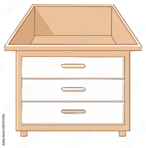 Illustration of a baby changing table with drawers and a wooden frame