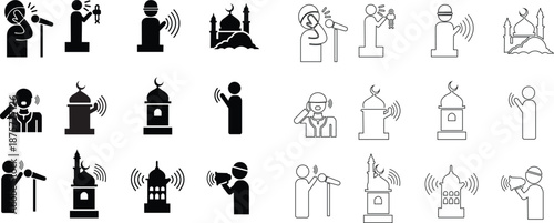 Set of adhan call to prayer icons, collection of islamic mosque and muezzin symbols, group of flat line vector illustrations, add azan, minaret, prayer time, muslim worship, black icon