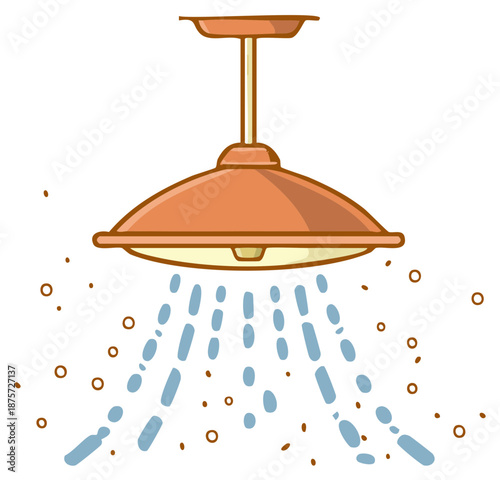 Stylized orange light fixture emitting water drops and steam particles cartoon illustration