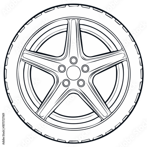 Car Tire and Five-Spoke Rim Line Art, Outline Vector Illustration, Automobile Component, Engineering Design