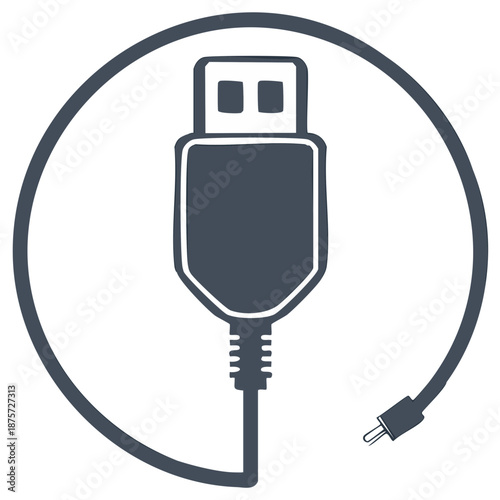 Symbolic representation of a USB cable connector with plug in a circular emblem