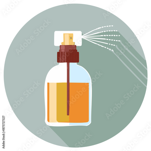 Spray bottle releases clear liquid in a stylized cartoon icon for beauty or fragrance