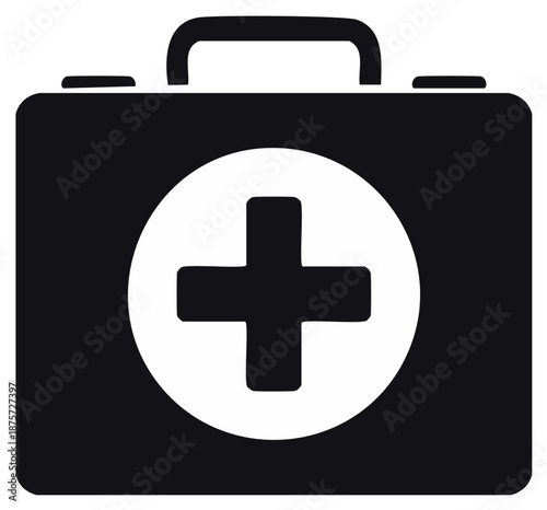 Black First Aid Kit with White Cross Symbol for Medical Emergency and Health Care