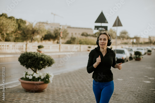 Woman jogging along a stree...