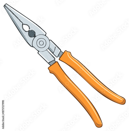 Cartoon illustration of needle nose pliers with orange handles a common hand tool