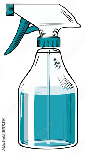 Clear plastic spray bottle with teal liquid inside for cleaning or gardening illustration
