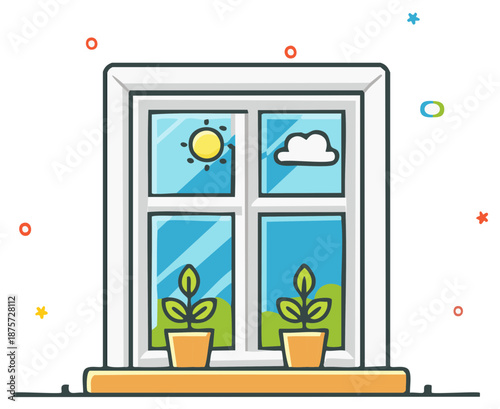 Illustration of a window with a view of the sky and potted plants on the sill