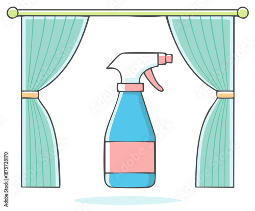 Illustration of a cleaning spray bottle between two draped curtains, vector art
