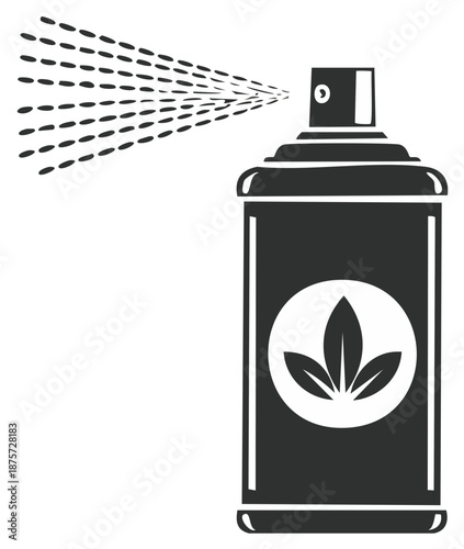 Aerosol Can Spraying Liquid with Three Leaf Design Black and White Illustration